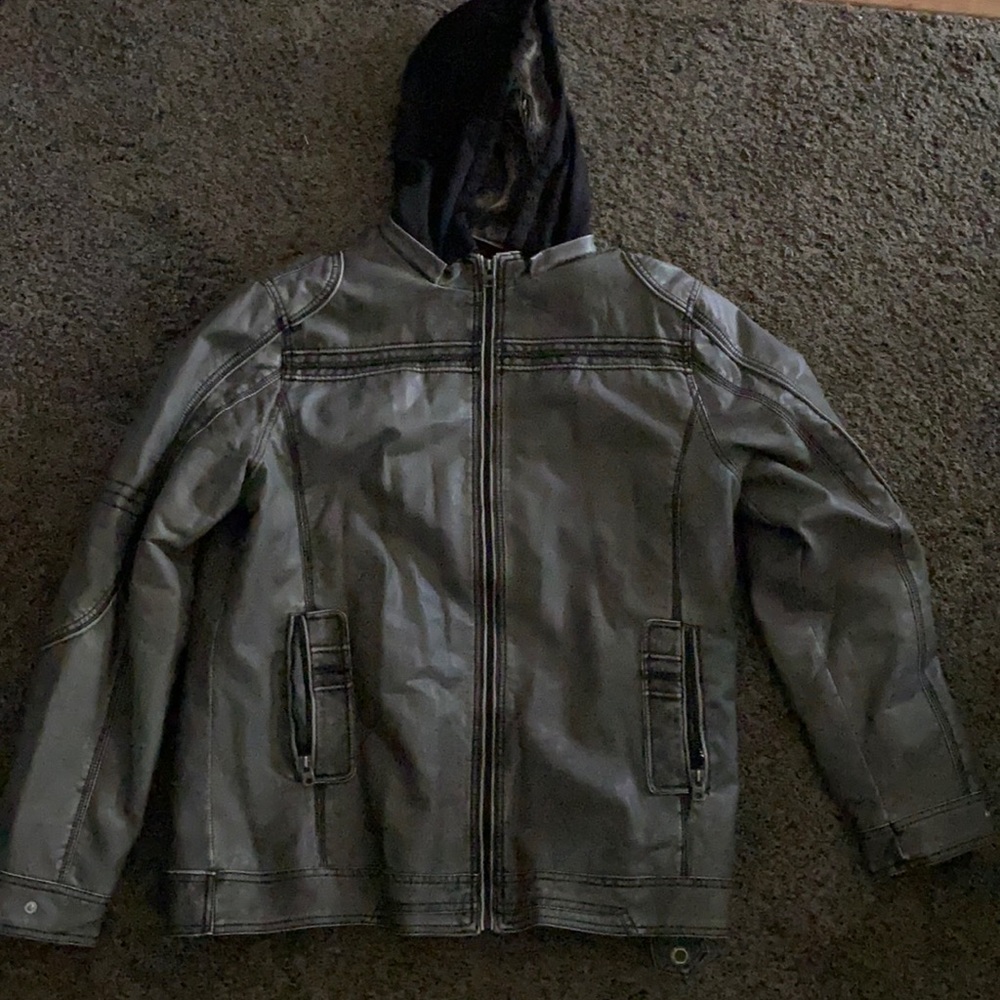 Buckle Black BKE men’s L grey leather with fur inside hoodie jacket